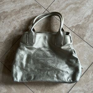 Tory Burch Perforated Logo Champagne Metallic Purse